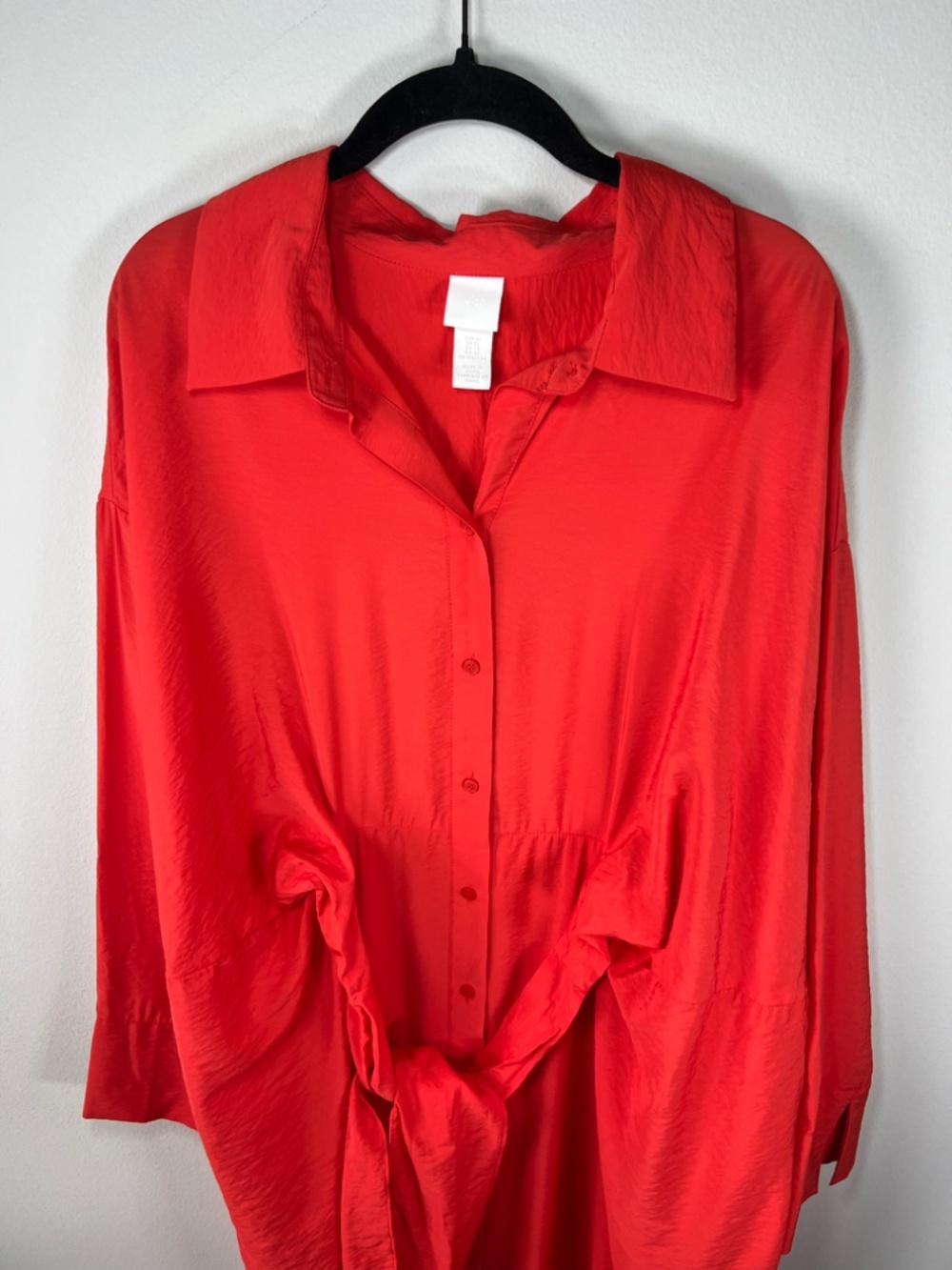 H&M Front Tie Maxi Shirt Dress Red Crinkle Fabric Oversize Unlined Side Slits XL - Picture 15 of 15